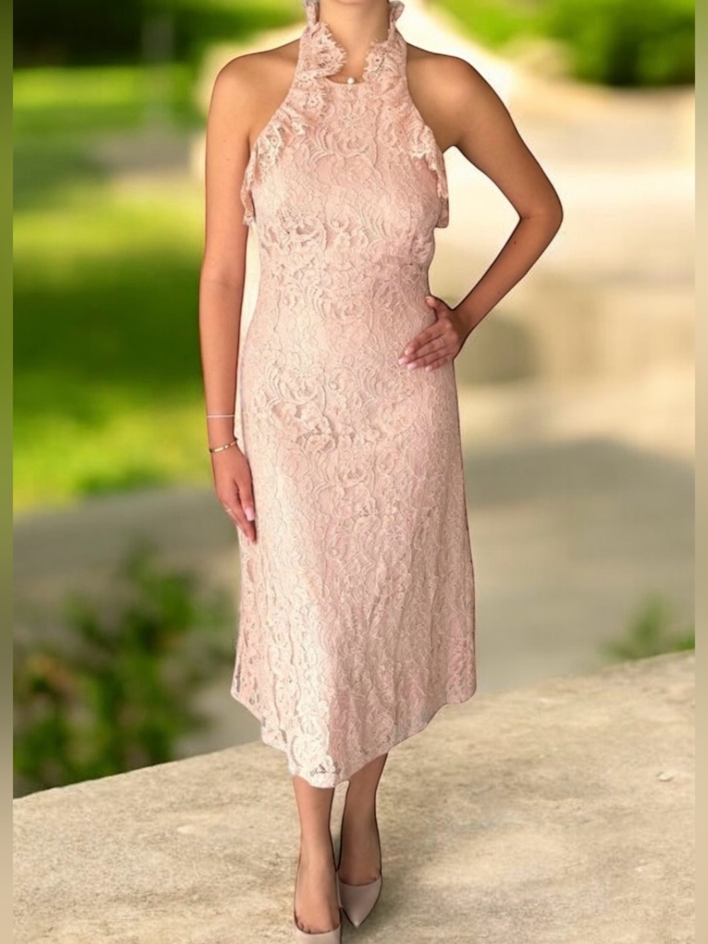Nanette Lepore Blush Laced Ruffled Cotton Backless Midi Dress
